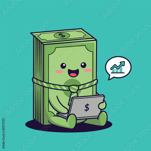Cute Cartoon Money Stack with Tie Using Laptop for Financial Growth.
