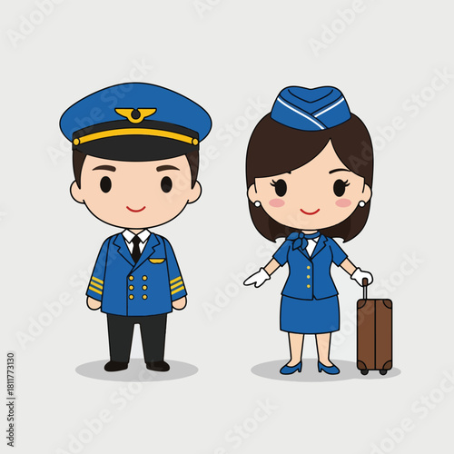 Cute cartoon illustration of a male pilot and female flight attendant airline crew in blue uniforms.