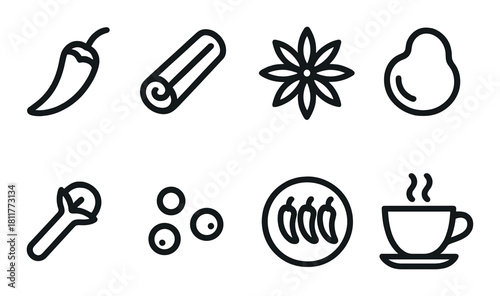 Black and gray food and drink icon set featuring spice and beverage symbols