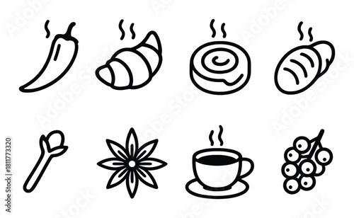 Black and white food icons featuring coffee, pastry, chili pepper, and spices
