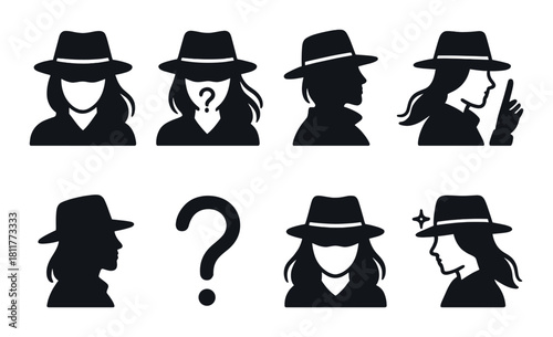 Silhouette of mysterious people in hats with various poses
