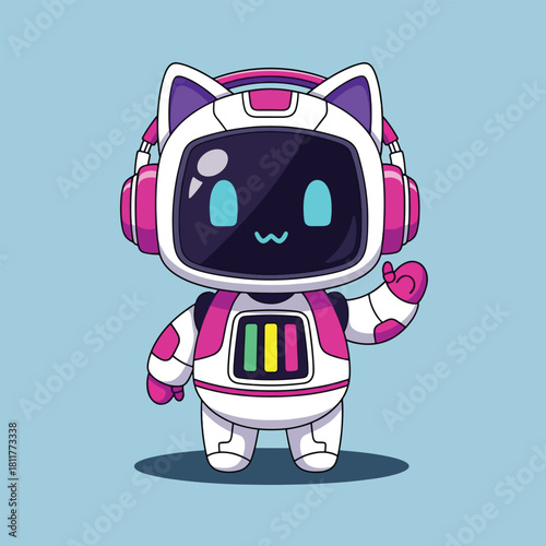 Cute Cat Robot Character with Headphones and Backpack Waving Hand.