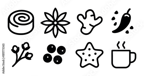 Black spice icons on matte background with coffee mug