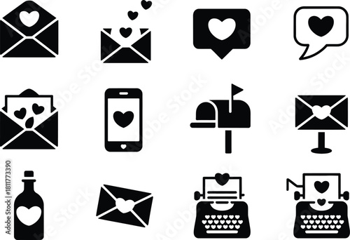 Love Message Icons – Envelope, Letter, Typewriter, Heart Chat Bubble, Romantic Communication Set