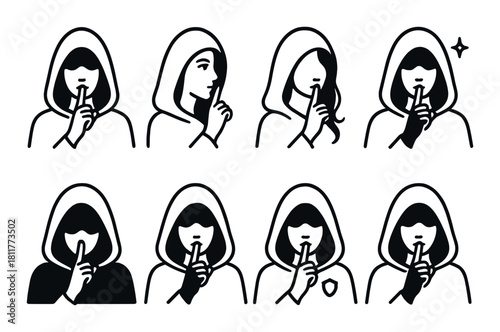 Eight hooded figures making silence gesture with mysterious expressions