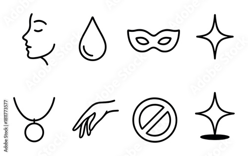 Minimalist icons of face, water drop, mask, sparkle, necklace, hand, prohibition, and starburst
