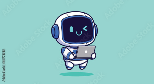 Cute winking cartoon robot character floating and holding a laptop computer.