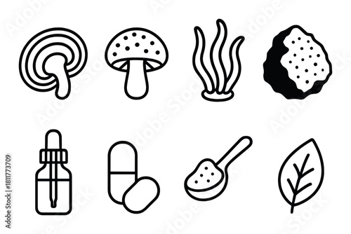 Line icons of mushrooms, seaweed, sponge, medicine bottle, pills, spoon, leaf