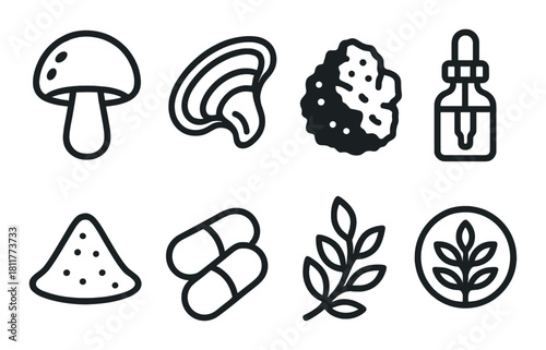 Outline icons of mushrooms, herbs, supplements, and tincture dropper