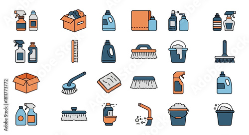 Essential household cleaning supplies and tools vector icon set for home maintenance, sanitation, and organized hygiene tasks