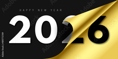 2026 Happy New Year Banner - Elegant Gold Page Turning Calendar Flip – Festive Holiday Celebration Background, Greeting Card Design, Vector Illustration for Party, Event, and Seasonal Graphics