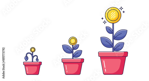 Investment growth concept showing three stages of a potted money plant with gold coins.