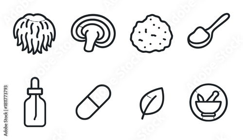 Herbal medicine icons set featuring mushrooms herbs and natural remedies