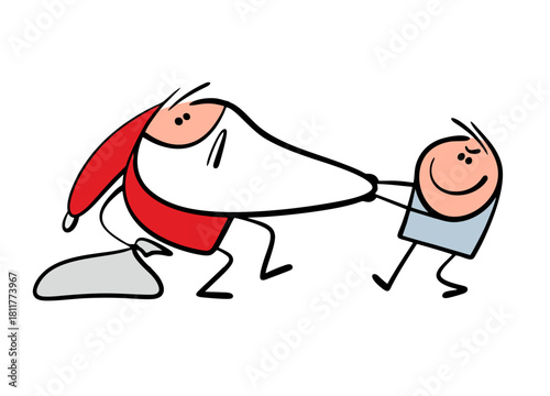 An ill-mannered child has caught Santa Claus and is pulling on his white beard, demanding gifts. Vector illustration of a fairy tale character and a naughty boy fighting.