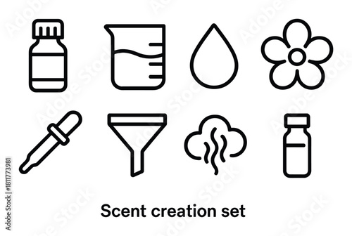 Perfume creation icons: bottles, beaker, droplet, flower, dropper, funnel, steam