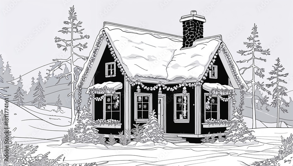 Fototapeta premium Winter House with Garlands Coloring Page