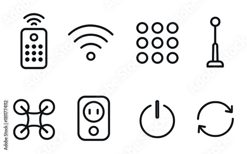 Monochrome smart home icons featuring tech symbols and wireless signals