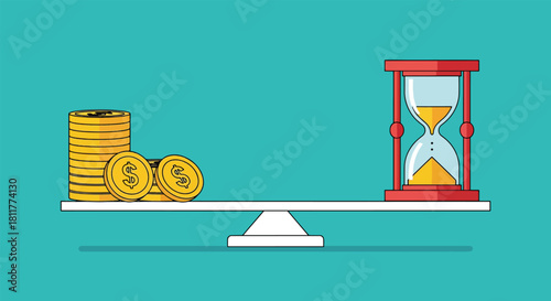 Time and Money Balance Hourglass and Coins on a Seesaw.