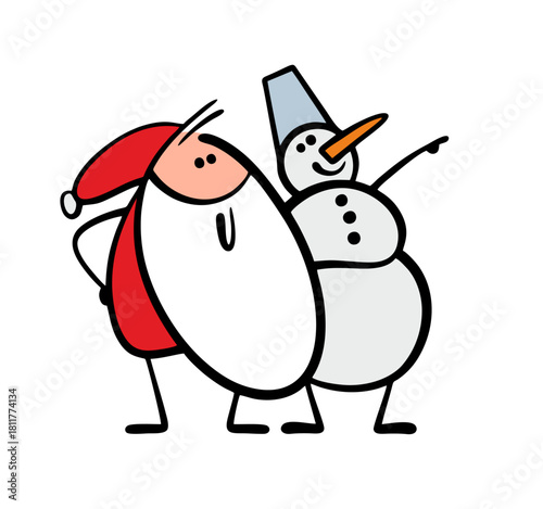 Two friends snowman and Santa Claus are looking into the distance. Vector illustration of fairy-tale characters, cartoon elements of Christmas and New Year. Winter entertainment.