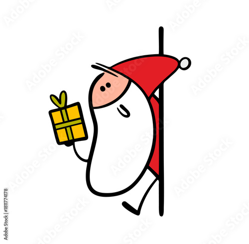 Funny Santa Claus suddenly looks out from around   corner of the building and holds  gift in   beautiful package with  ribbon. Vector illustration of  surprise from a fairy-tale hero for the New Year.