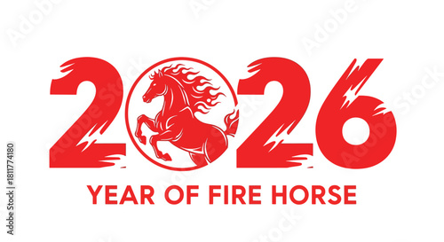 Year of the Fire Horse 2026 Red Horse Silhouette in Circle with Bold Red Numerals.