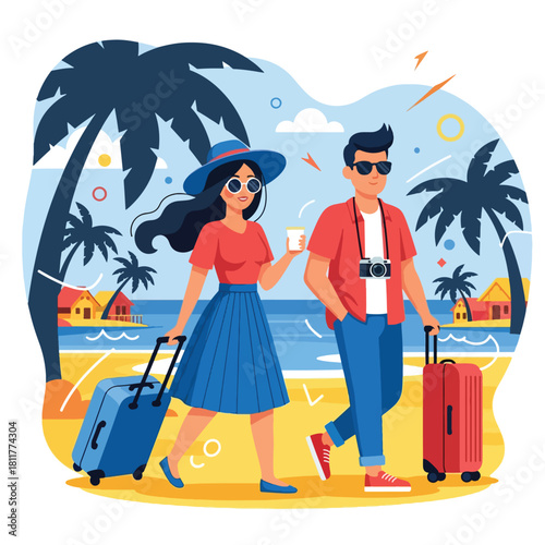 Young tourist couple with luggage walking on a tropical beach during summer vacation.