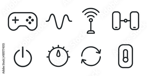 Electronic device icons: game controller, wifi, settings, sync