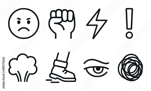 Bold emojis expressing anger, power, and alertness in monochrome design