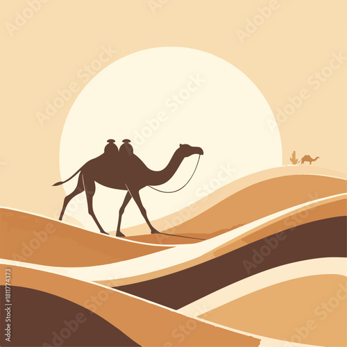 premium Flat camel caravan walking across dunes