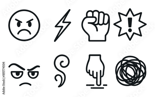 Set of eight black simple emoticons on dark background