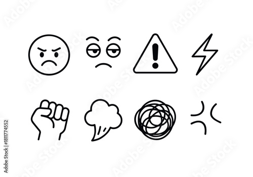 Set of 8 outline icons representing anger and frustration