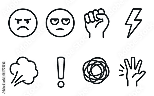 Monochrome emoji icons: emotions, symbols, and gestures collection
