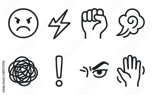 Grunge emotion icons set: expressions of anger and emphasis in dark tones