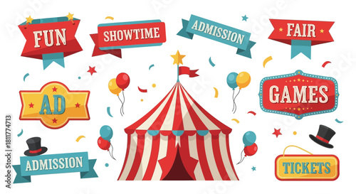 Colorful Circus Elements Banners, Tent, and Balloons, Fun Fair Design for Advertisement