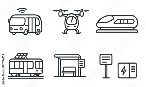 Modern transportation icons: bus, helicopter, train, tram, bus stop, charging station