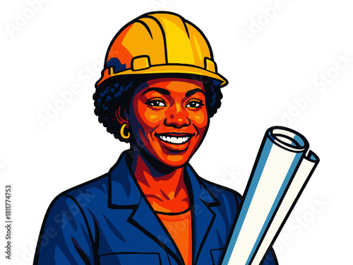 cheerful female construction engineer wearing an orange hard hat, blue jacket, and red tie, ideal for industry visuals. Generative ai vector colorful pop art illustration.