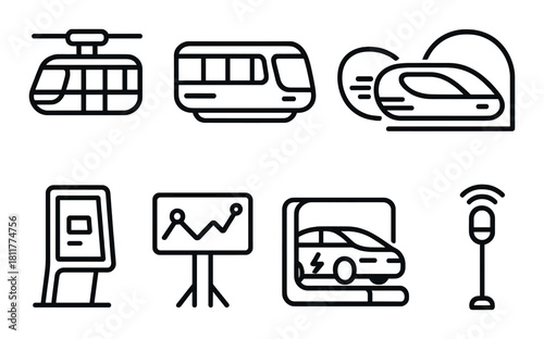 Urban transportation icons featuring trains and charging stations