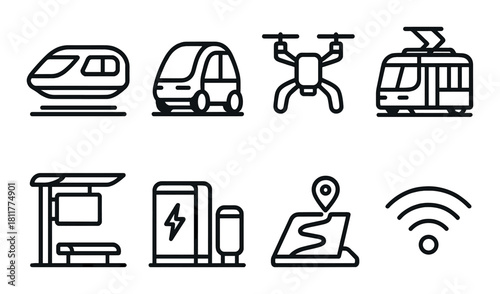 Icons of modern urban transportation and connectivity technologies