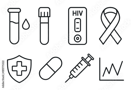 Hiv awareness icons: test tubes, ribbon, medication, shield, needle, graph