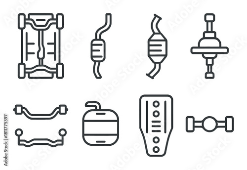 Automotive exhaust system components diagram with various parts in line art style