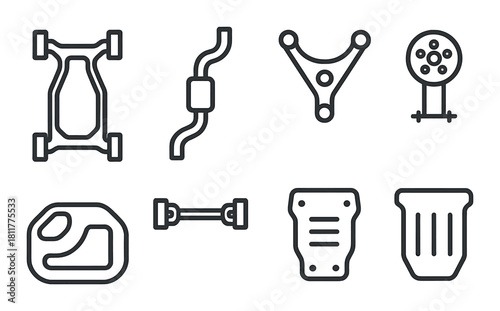 Monochrome automotive parts icons on dark background