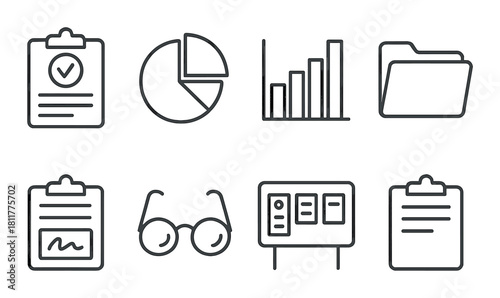 Set of eight minimalist business icons with charts and documents on dark background