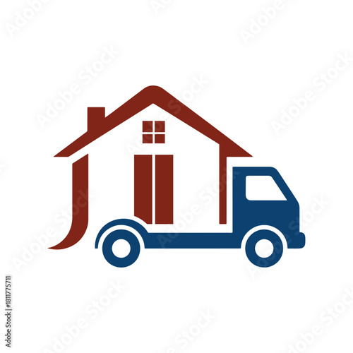Red house roof and windows on blue truck silhouette home transport