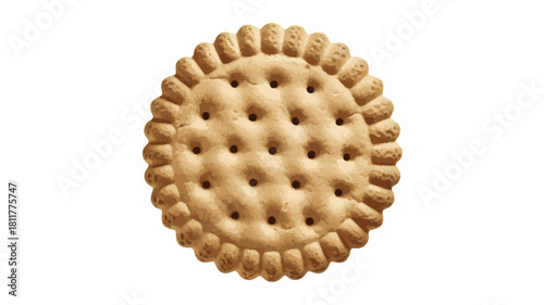 Round Cracker with Jagged Edges and Perforations on White Background biscuit cookie