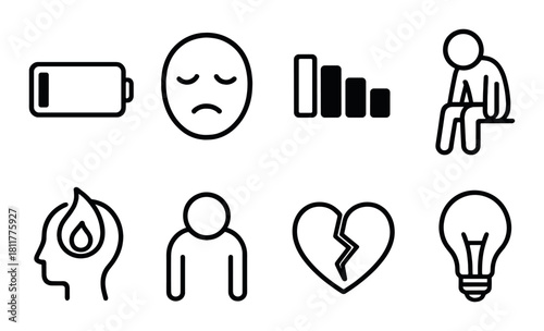 Icons representing sadness, fatigue, mental health, and broken heart