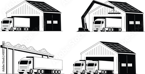 Warehouse logistics illustration, solar panel warehouse, truck loading, bulk material handling, sustainable infrastructure, cargo operations, black and 