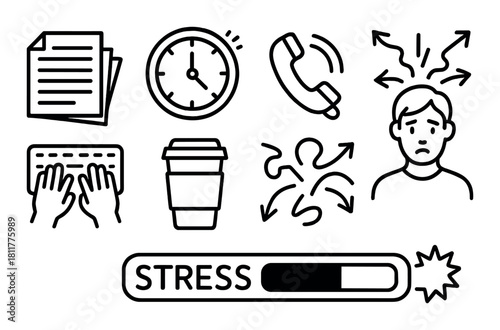 Symbols of stress and overload: papers, clock, telephone, keyboard, coffee, anxiety, stress bar