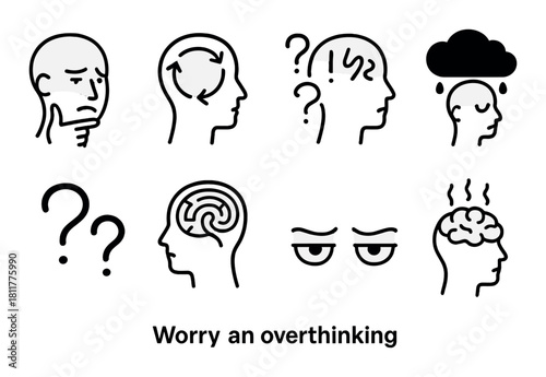 Icons depicting stress and overthinking with question marks and brain imagery