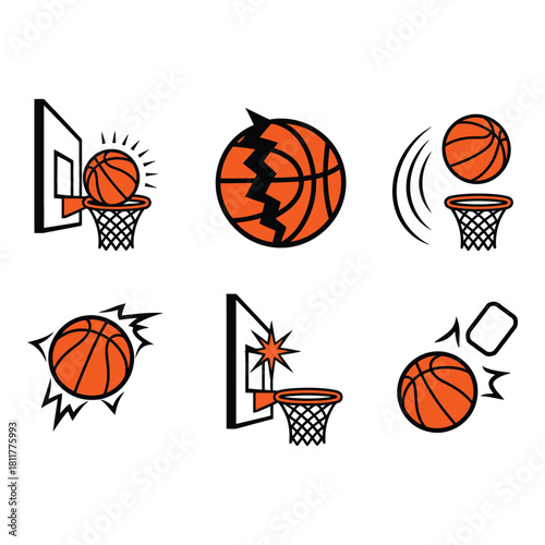 Collection of hand drawn basketball illustrations with net and hoop