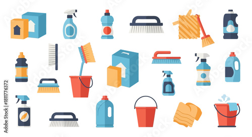 Cleaning Supplies An Array of Household Cleaning Tools and Products